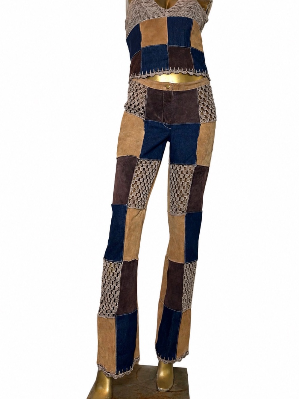 Y2K Wilson’s Leather Maxima Suede Denim Crochet Patchwork halter top & pant set - Picture 2 of 15